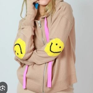 Kerri Rosenthal Tan Cashmere Zip Up  Sweater with Smile Face Elbow Patch sz M